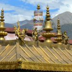 Tibet: Lhasa Ornate statuary on roof of Jokhang Temple.
