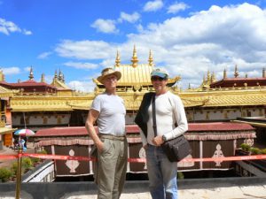 Tibet: Lhasa Richard and Michael on roof of Jokhang Temple.