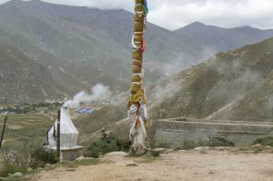 Tibet: Lhasa - view of the valley and an urn