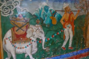 Tibet: Lhasa - Pabonka Monastery.  Wall painting symbolizing ?