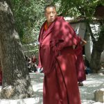 Tibet: Lhasa - Sera Monastery. Senior monk watching the activity in