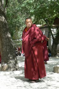 Tibet: Lhasa - Sera Monastery. Senior monk watching the activity in