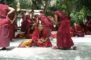 Tibet: Lhasa - Sera Monastery. Teachers are very animated with arms