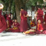 Tibet: Lhasa - Sera Monastery. Teachers are very animated with arms