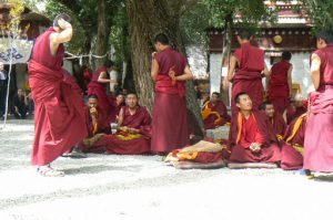 Tibet: Lhasa - Sera Monastery. Teachers are very animated with arms