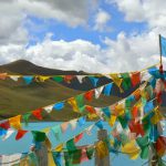 Tibet - prayer flags at Yamdrok Lake.