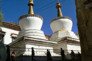 Tibet - stupas and pilgrims at Tashilhunpo Monastery.