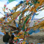 Tibet - prayer flags fly above Namtso Lake.