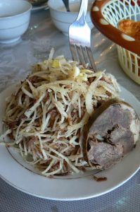 Uzbekistan - Tashkent:  shredded potatoes, onions and horsemeat  sausage in