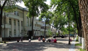 Uzbekistan: Tashkent Pedestrian brick road in Independence Square park. People digging out