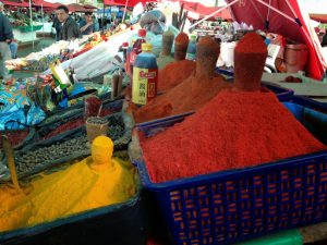 Uzbekistan: Tashkent Colorful spices in the food market.