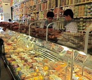 Uzbekistan: Tashkent Many kinds of meat products in the food market. Horse