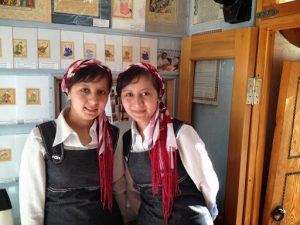 Uzbekistan: Bukhara Sayfiddin painting shop; twin sisters are artists with their father.