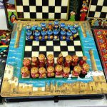 Uzbekistan: Bukhara Sayfiddin shop with hand-painted chess set.