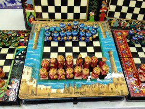 Uzbekistan: Bukhara Sayfiddin shop with hand-painted chess set.