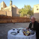 Uzbekistan: Khiva lunch at outdoor Bir Gumbaz restaurant.