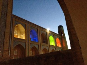 Uzbekistan: Khiva the evening exterior lights of our Orient Star hotel.