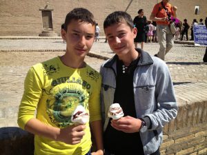 Uzbekistan: Khiva Teen students with ice cream.