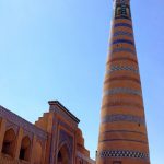 Uzbekistan: Khiva The magnificent minaret of Islam-Khodja. Horizontal belts of dark