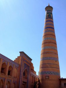 Uzbekistan: Khiva The magnificent minaret of Islam-Khodja. Horizontal belts of dark