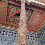 Uzbekistan: Khiva Colored ceiling and carved pillar of an aiwan (porch)