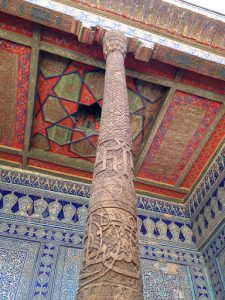 Uzbekistan: Khiva Colored ceiling and carved pillar of an aiwan (porch)