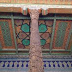 Uzbekistan: Khiva Colored ceiling, glazed tile wall and carved pillar of