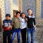 Uzbekistan: Khiva Students at he Tosh Hovli Palace with various geometric