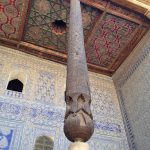 Uzbekistan: Khiva Ornate carved column and painted ceiling at he Tosh