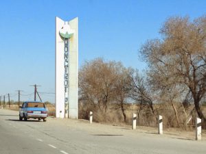 Uzbekistan: Nukus Typical small town entry marker.