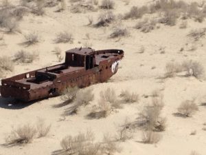 Uzbekistan: Muynak Aral Sea dry ????bed rusting boats.