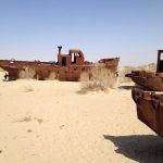 Uzbekistan: Muynak Close-up of rusting boats.