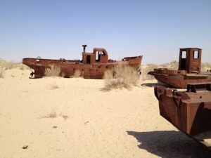 Uzbekistan: Muynak Close-up of rusting boats.