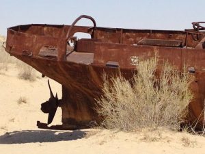 Uzbekistan: Muynak Close-up of rusting boat.