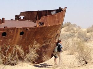 Uzbekistan: Muynak Close-up of rusting boat.