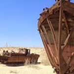 Uzbekistan: Muynak Close-up of rusting boats.