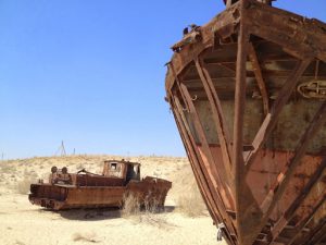 Uzbekistan: Muynak Close-up of rusting boats.