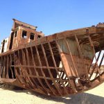 Uzbekistan: Muynak Close-up of rusting boat.