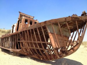 Uzbekistan: Muynak Close-up of rusting boat.