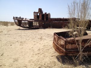 Uzbekistan: Muynak Close-up of rusting boats.