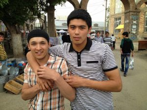 Uzbekistan: Fergana City two friends at Eski market.