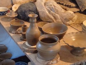 Uzbekistan: Fergana Valley, Rishton Rustam Usmanov pottery before firing and before
