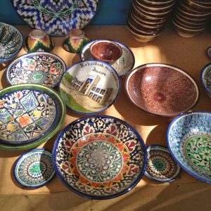 Uzbekistan: Fergana Valley, Rishton Rustam Usmanov pottery for sale to tourists.