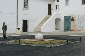 Portugal, Estremoz: cavalry base camp court yard with sculpture and memorial