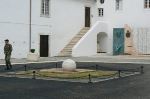 Portugal, Estremoz: cavalry base camp court yard with sculpture and memorial