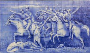 Portugal, Estremoz: tile tapestry depicting Portuguese soldiers conquering a foreign land