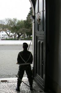 Portugal, Estremoz: ceremonial guard to the cavalry  grounds; back view