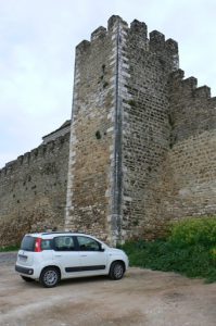 Portugal, Estremoz: castle turret and our rented car