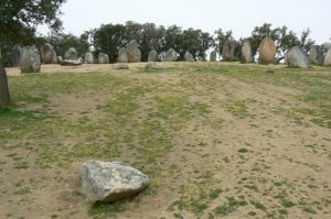 Portugal, Evora: The Cromlech of the Almendres looking uphill at