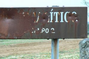 Portugal, Evora: close-up of a rusted sign with worn letters that